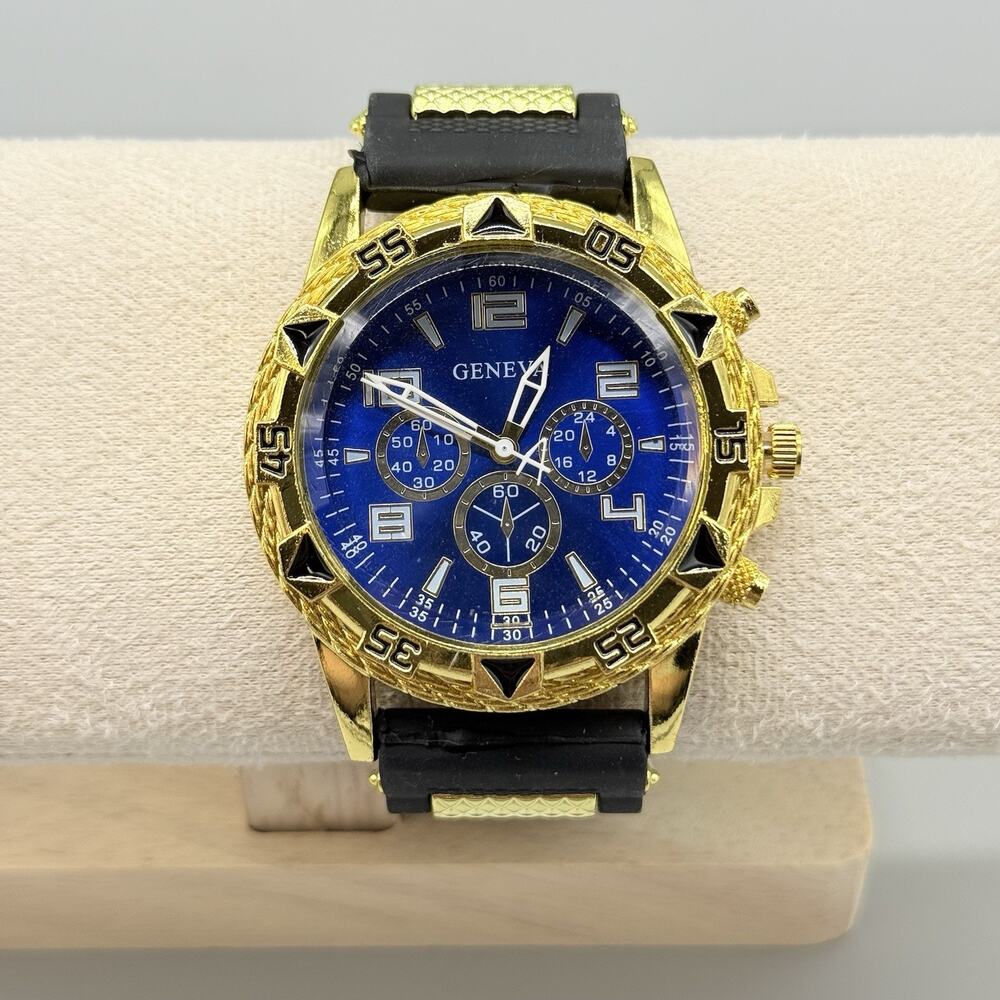 Geneva Mens Blue Dial Chronograph Style Watch Black Silicone Sport Band